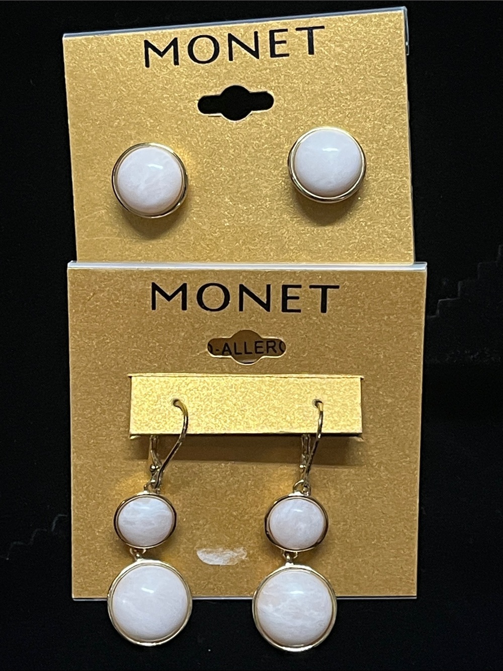 Monet Gold-Tone Earrings w/ Pale Pink Cabochons — Studs and Double-Drop Dangles